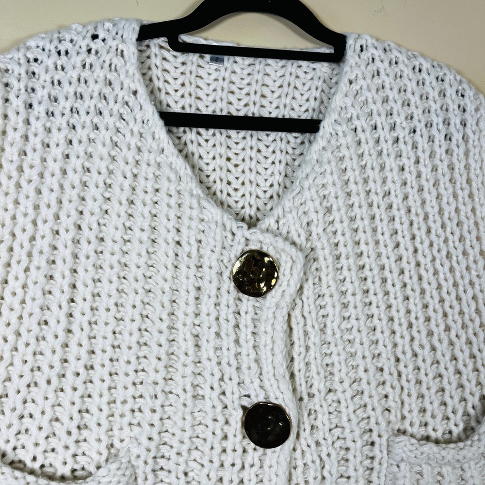 Sleeveless Cropped Chunky Knit Sweater S Gold Button Front Shabby Chic Bohemian - Picture 3 of 9